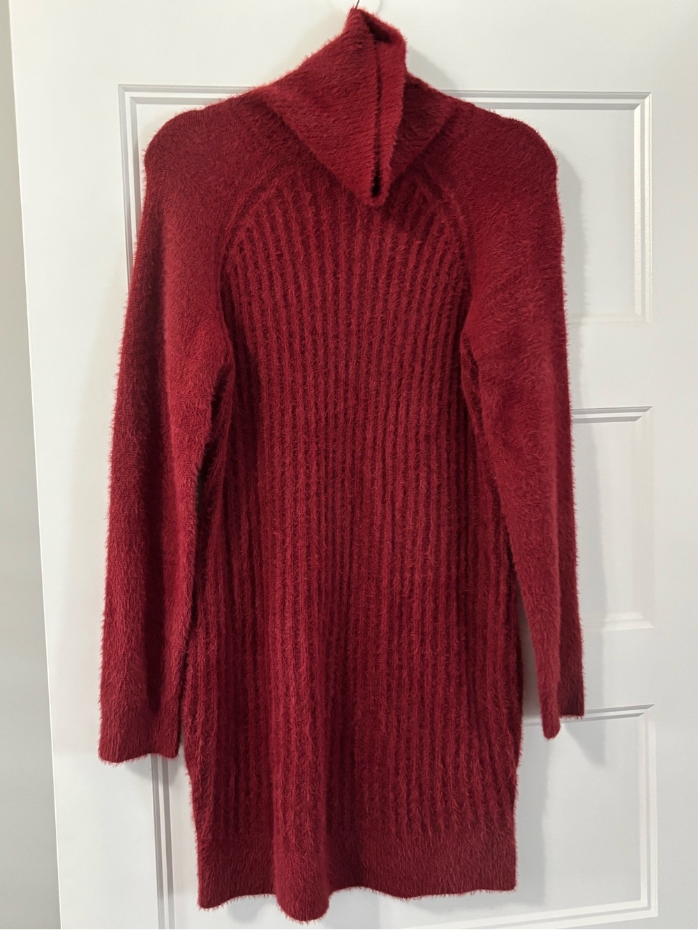 Women's Red Ribbed Cowl Neck Sweater Dress